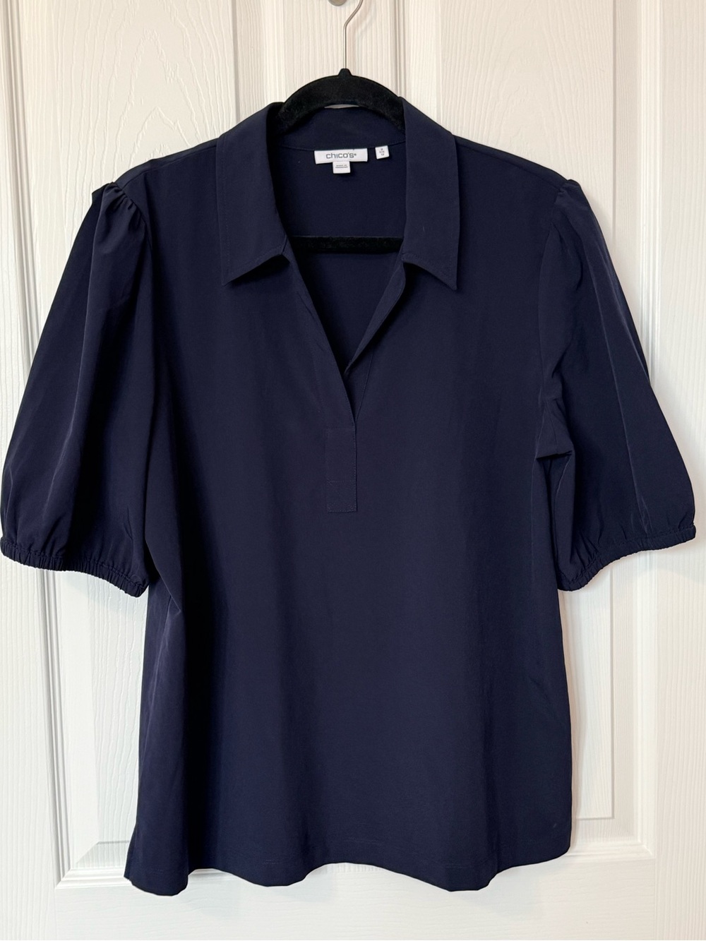 Chico's Navy Short Puff-Sleeve Button Down Top